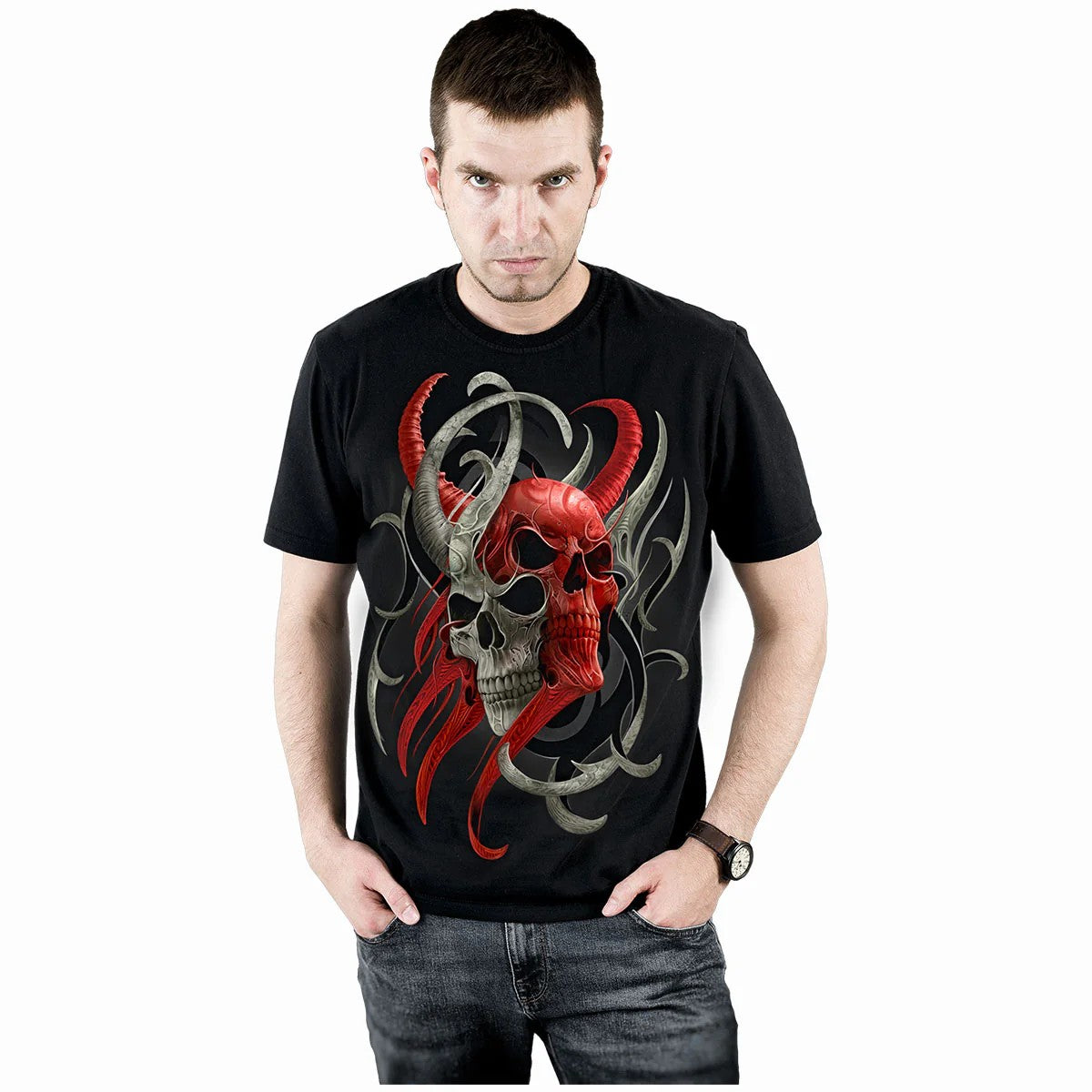 Black - Side - Spiral Unisex Adult Skull Synthesis T-Shirt