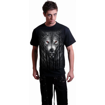 Black - Side - Spiral Direct Unisex Adult Forest Wolf T-Shirt