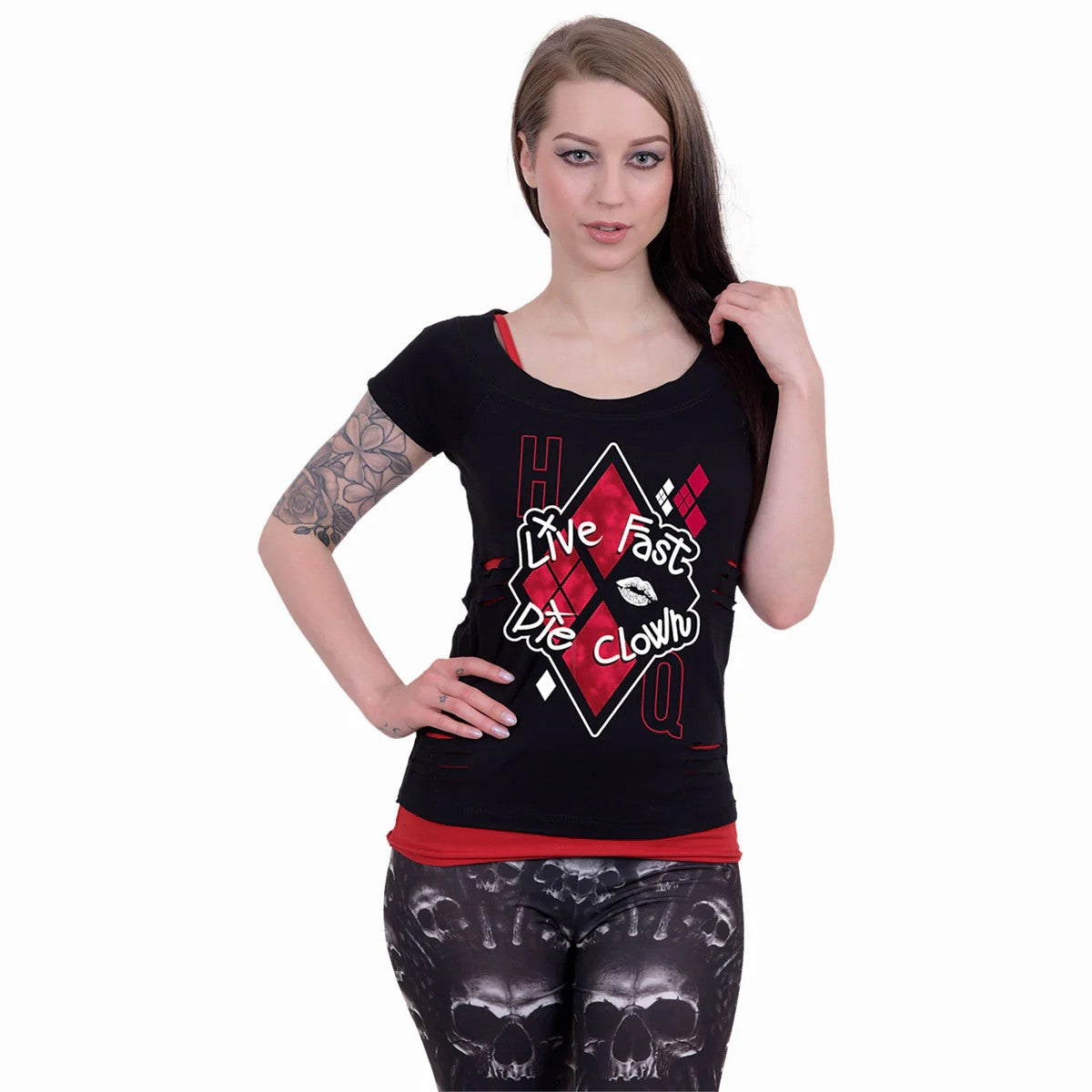 Black - Back - Spiral Direct Womens-Ladies Die Clown Harley Quinn Ripped Top