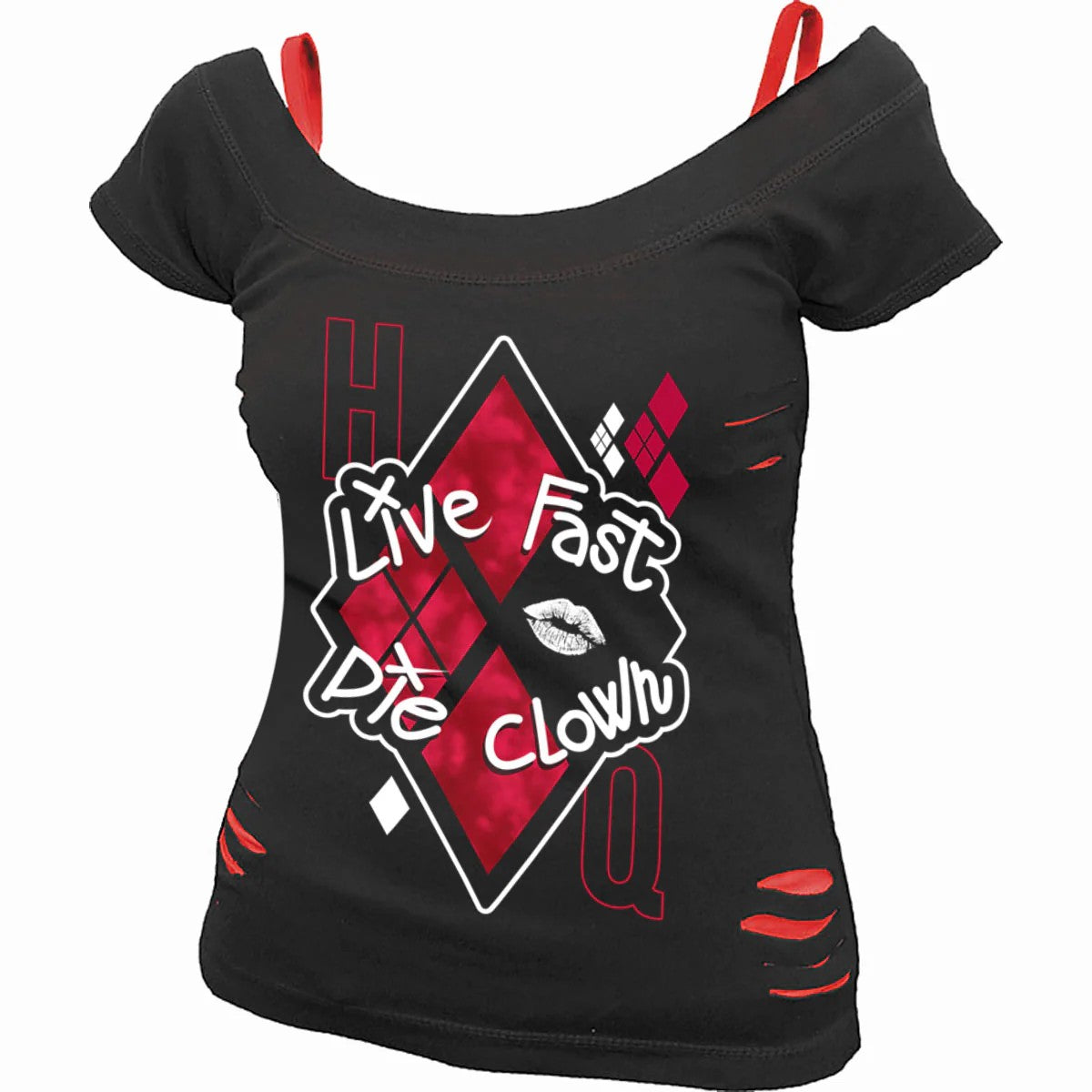Black - Front - Spiral Direct Womens-Ladies Die Clown Harley Quinn Ripped Top