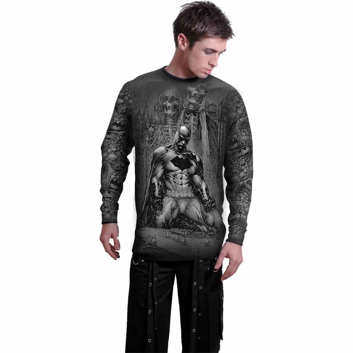 Black - Side - Batman Unisex Adult Vengeance Wrap Long-Sleeved T-Shirt