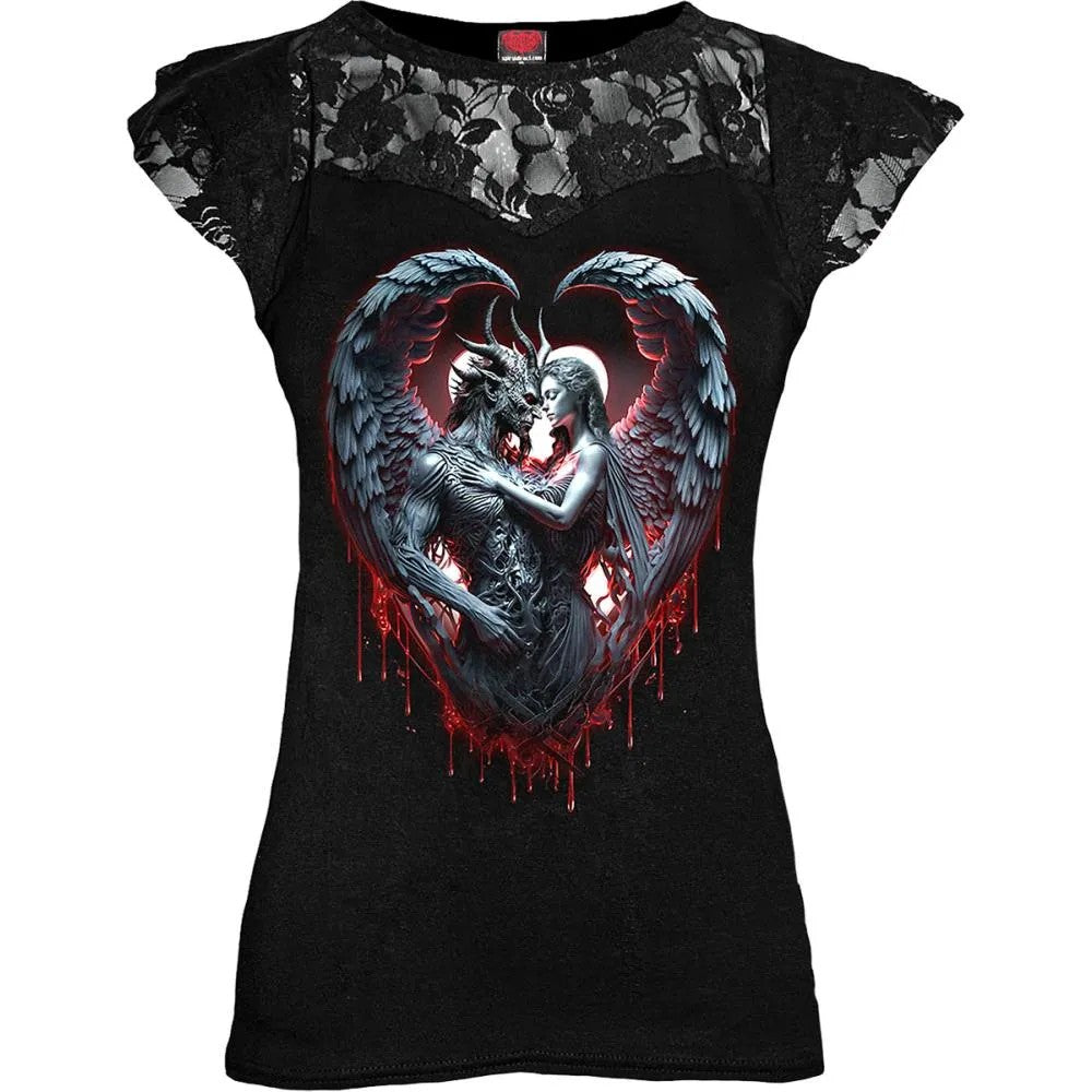 Black - Front - Spiral Direct Womens-Ladies Solemn Vow Lace Detail Capped Sleeved T-Shirt
