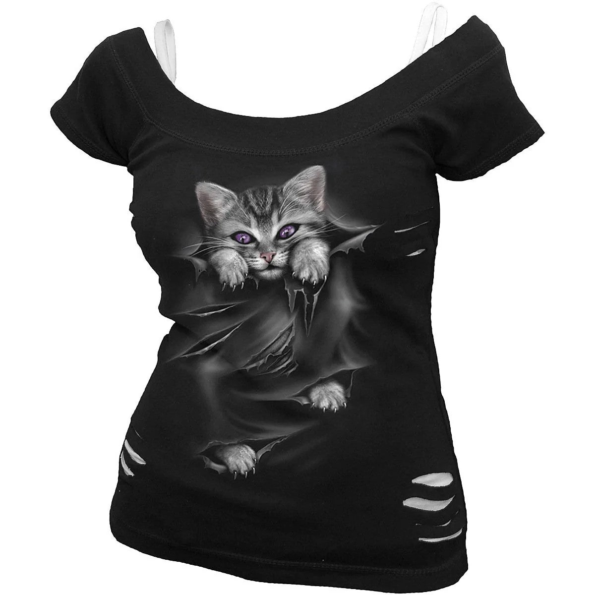 Black - Front - Spiral Direct Womens-Ladies Bright Eyes Ripped 2 in 1 T-Shirt