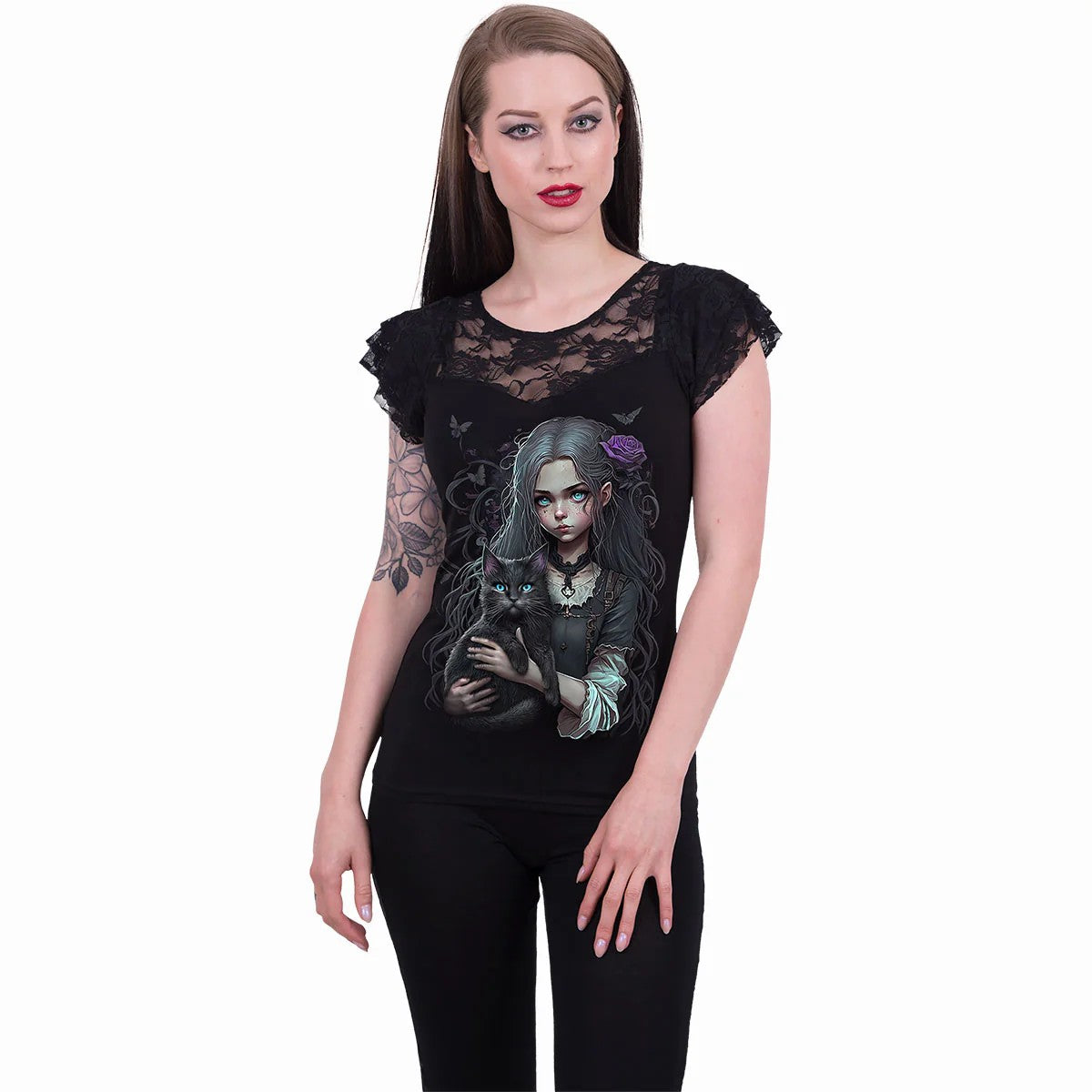 Black - Back - Spiral Direct Womens-Ladies Goth Familiar Lace Detail Top