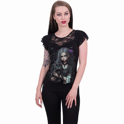 Black - Back - Spiral Direct Womens-Ladies Goth Familiar Lace Detail Top