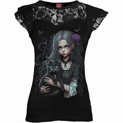 Black - Front - Spiral Direct Womens-Ladies Goth Familiar Lace Detail Top