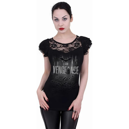 Black - Back - Spiral Direct Womens-Ladies I Am Vengeance Batman Lace Detail Capped Sleeved T-Shirt