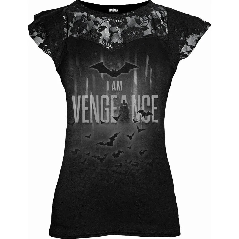 Black - Front - Spiral Direct Womens-Ladies I Am Vengeance Batman Lace Detail Capped Sleeved T-Shirt