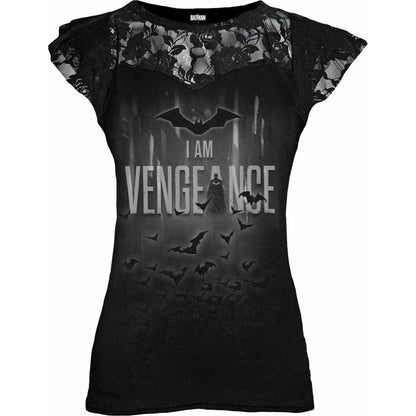 Black - Front - Spiral Direct Womens-Ladies I Am Vengeance Batman Lace Detail Capped Sleeved T-Shirt