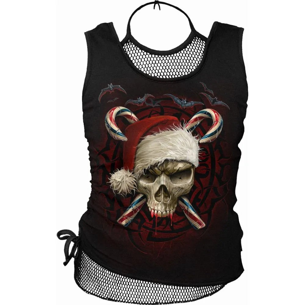 Black - Front - Spiral Direct Womens-Ladies Candy Cane Santa 2 in 1 Sleeveless Tank Top