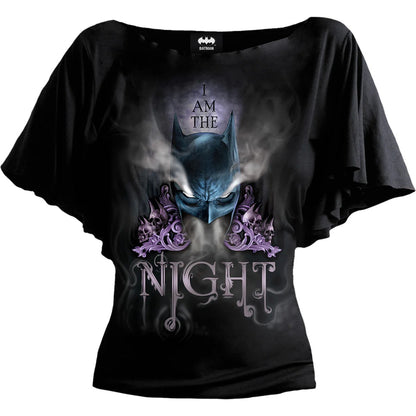 Black - Front - Spiral Direct Womens-Ladies I Am The Night Batman Batwing Sleeve Top