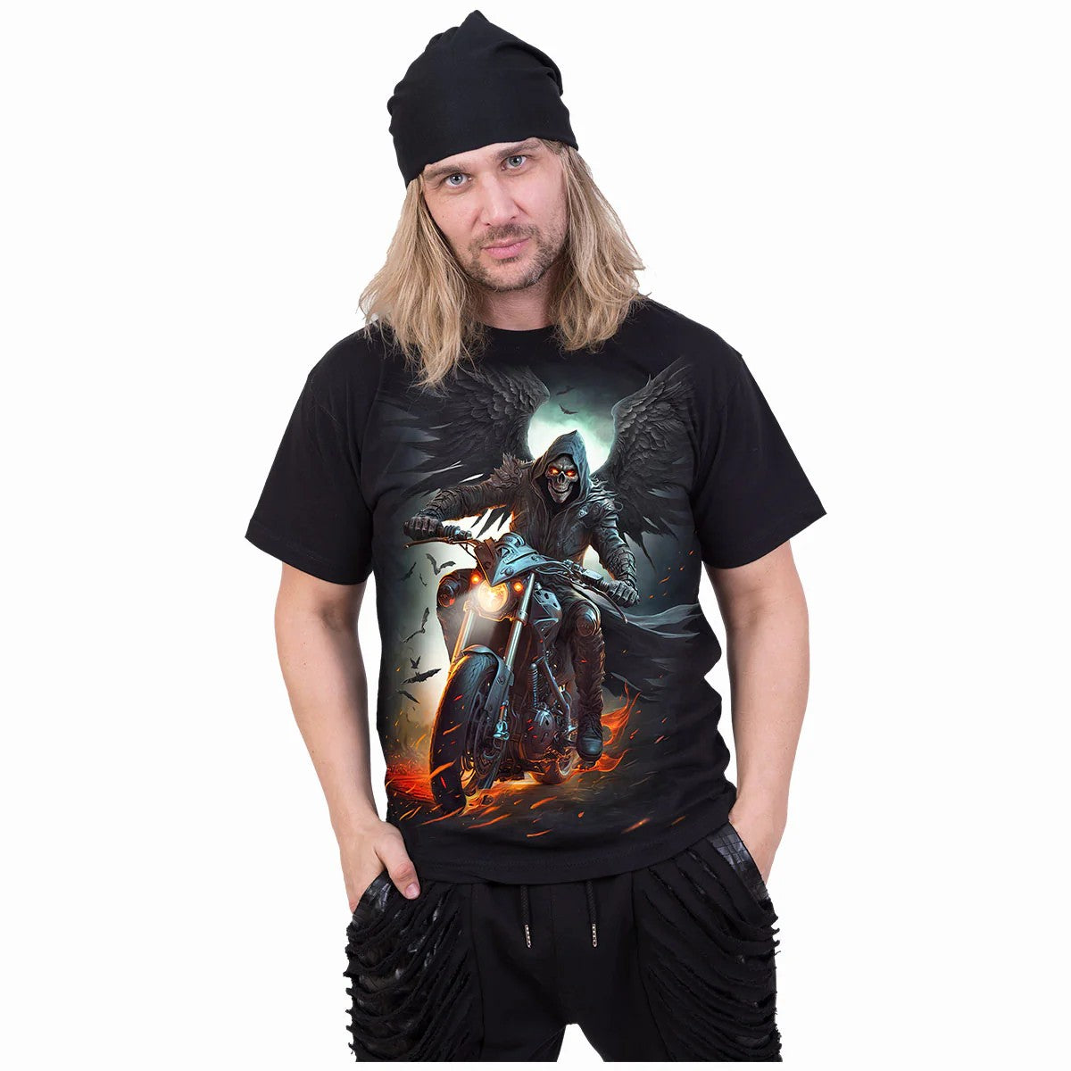 Black - Side - Spiral Direct Unisex Adult Night Rider Short-Sleeved T-Shirt