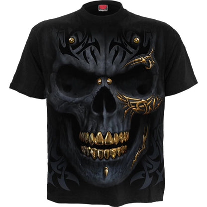 Black-Gold - Front - Spiral Direct Unisex Adult Black Gold Skull T-Shirt