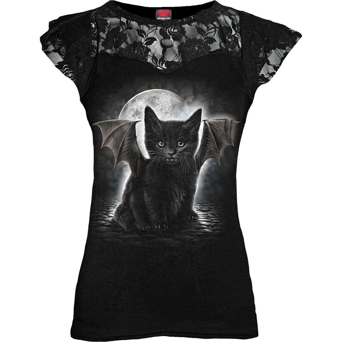 Black - Front - Spiral Direct Womens-Ladies Batcat Capped Sleeved T-Shirt