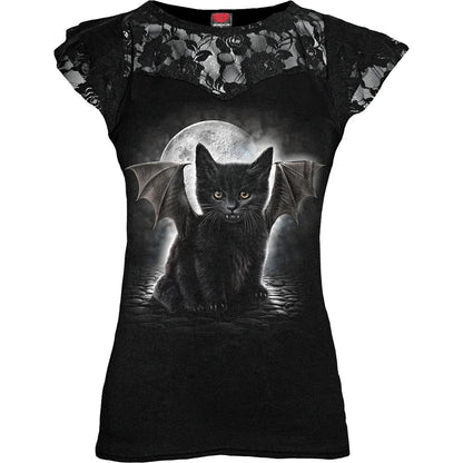 Black - Front - Spiral Direct Womens-Ladies Batcat Capped Sleeved T-Shirt