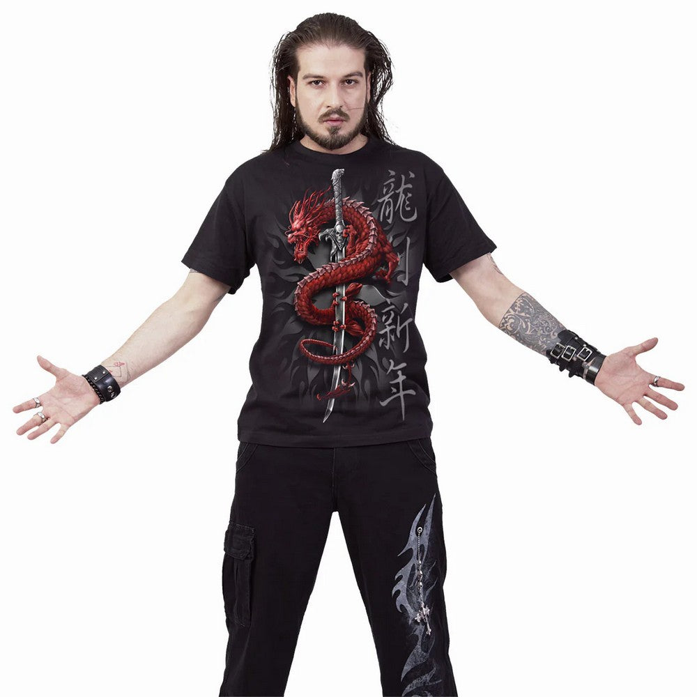 Black - Side - Spiral Direct Unisex Adult Oriental Dragon T-Shirt