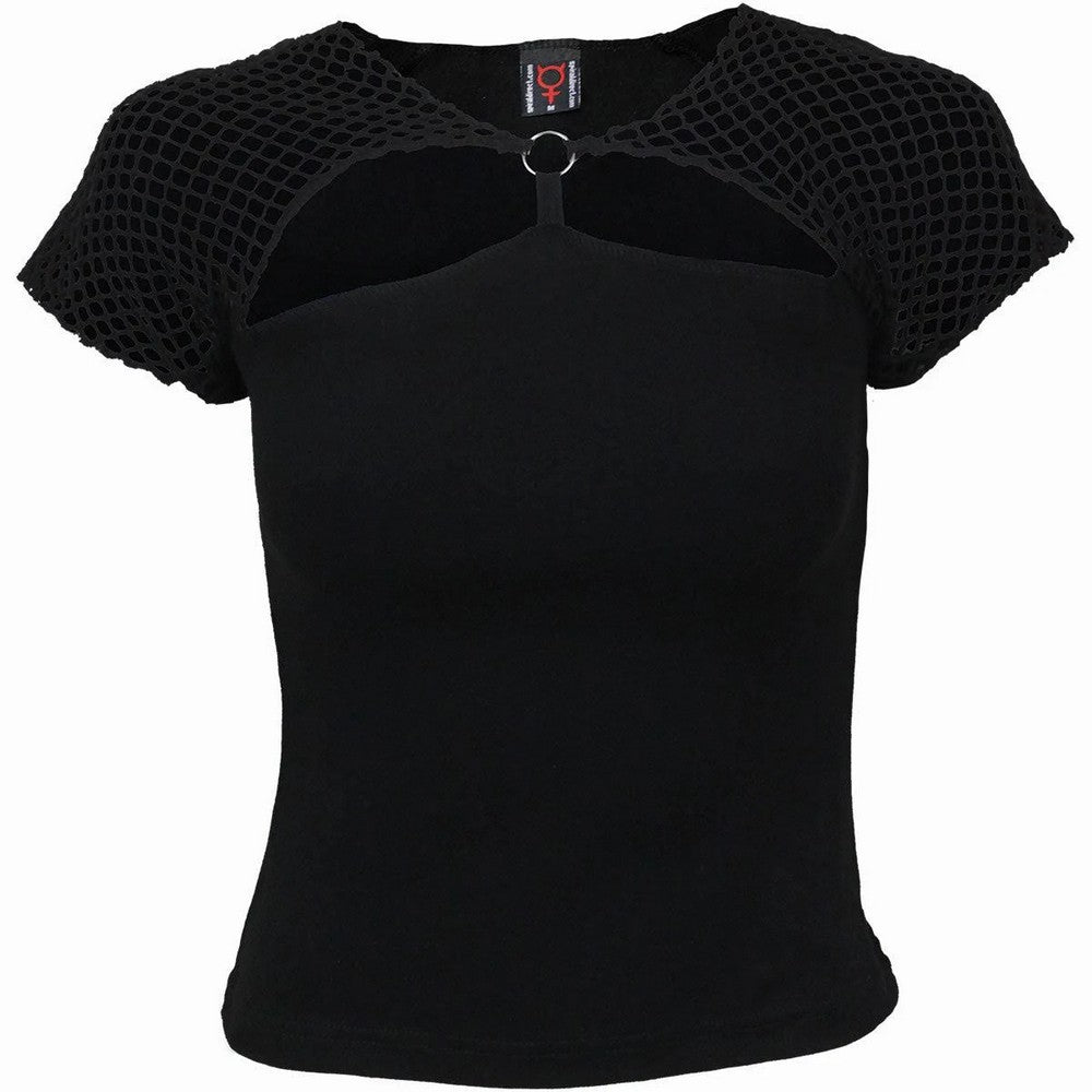 Black - Front - Spiral Direct Womens-Ladies Gothic Rock Mesh Ring Detail Capped Sleeved Top