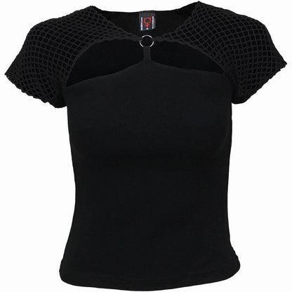 Black - Front - Spiral Direct Womens-Ladies Gothic Rock Mesh Ring Detail Capped Sleeved Top