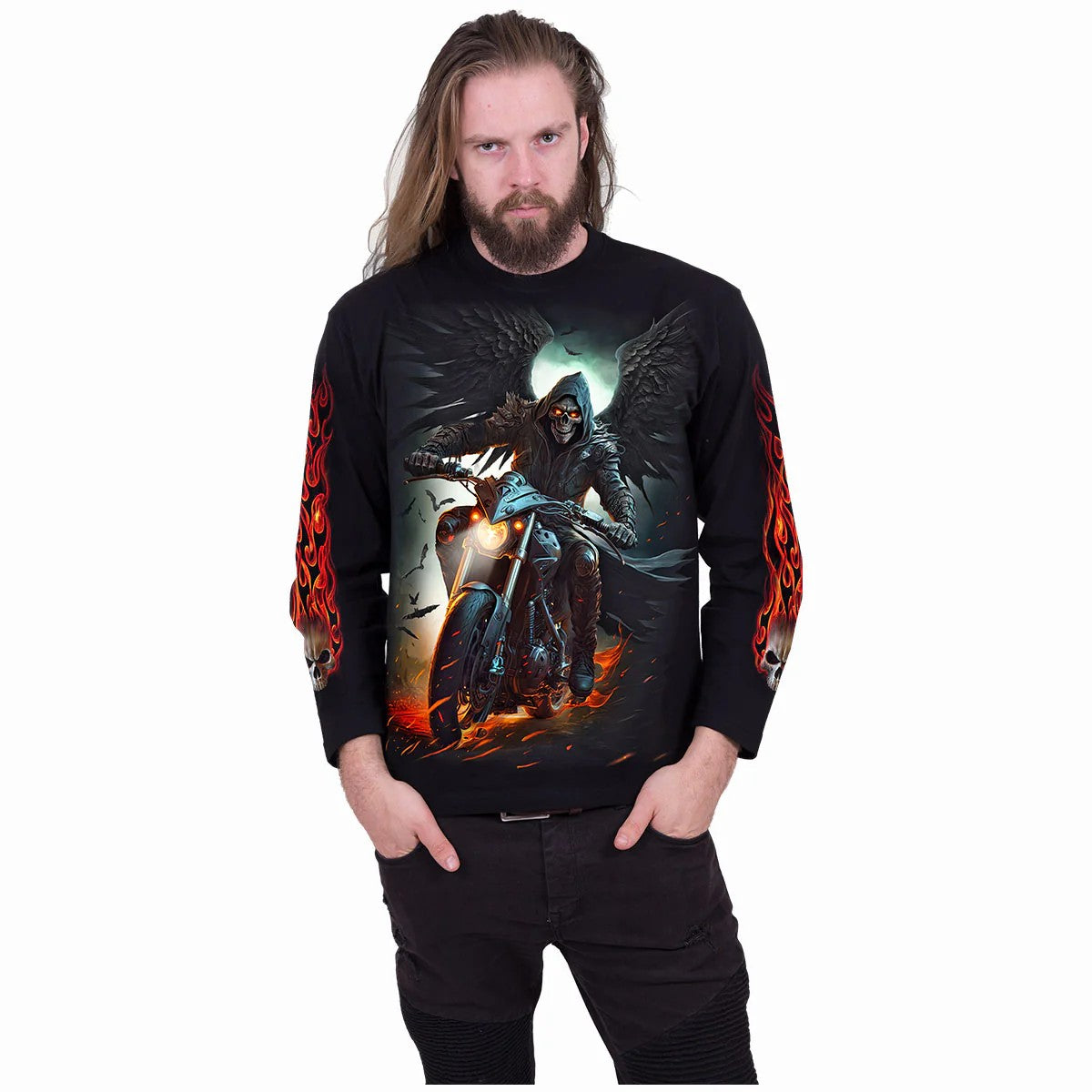 Black - Side - Spiral Direct Unisex Adult Night Rider Long-Sleeved T-Shirt