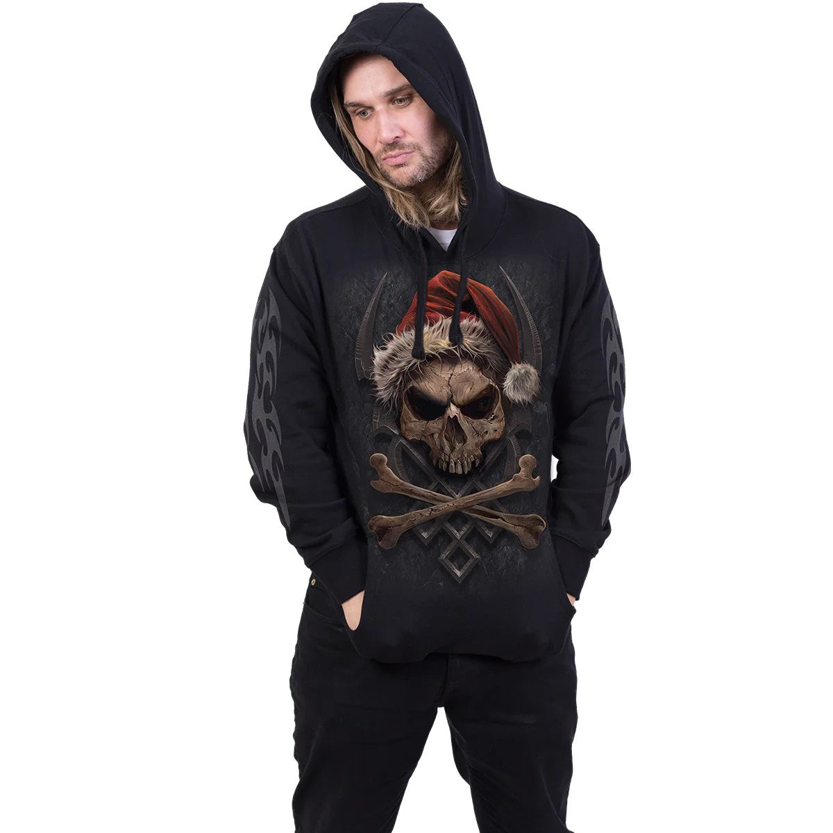 Black - Side - Spiral Direct Unisex Adult Rock Santa Hoodie