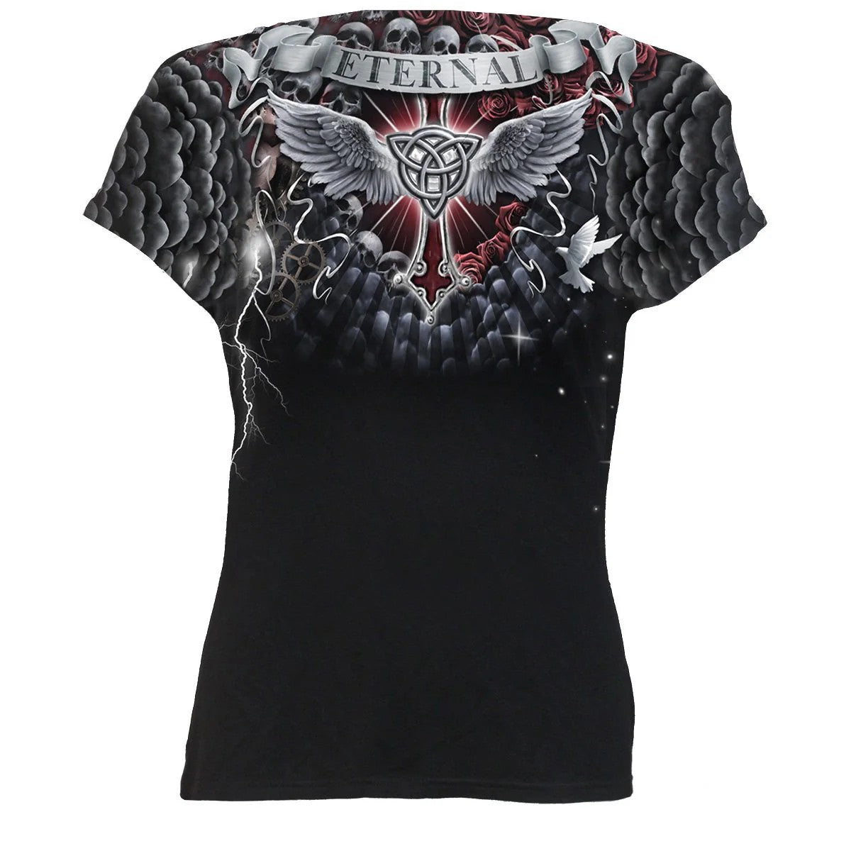 Black - Back - Spiral Direct Womens-Ladies Life And Death Cross T-Shirt
