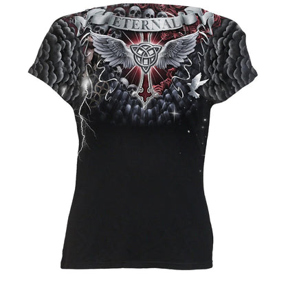 Black - Back - Spiral Direct Womens-Ladies Life And Death Cross T-Shirt