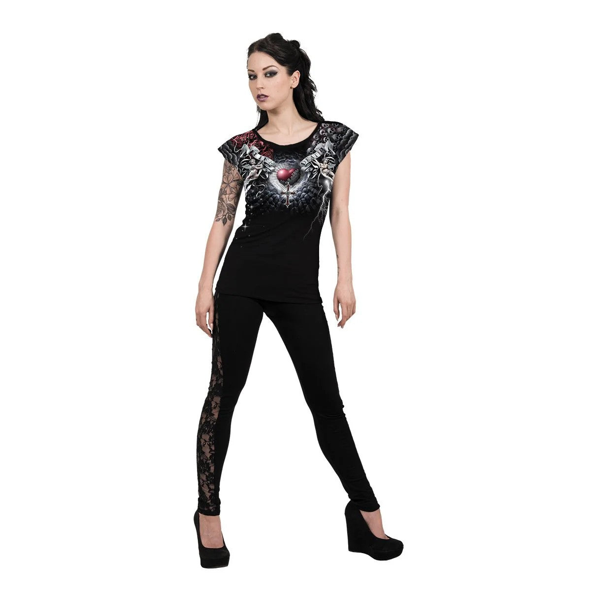 Black - Side - Spiral Direct Womens-Ladies Life And Death Cross T-Shirt