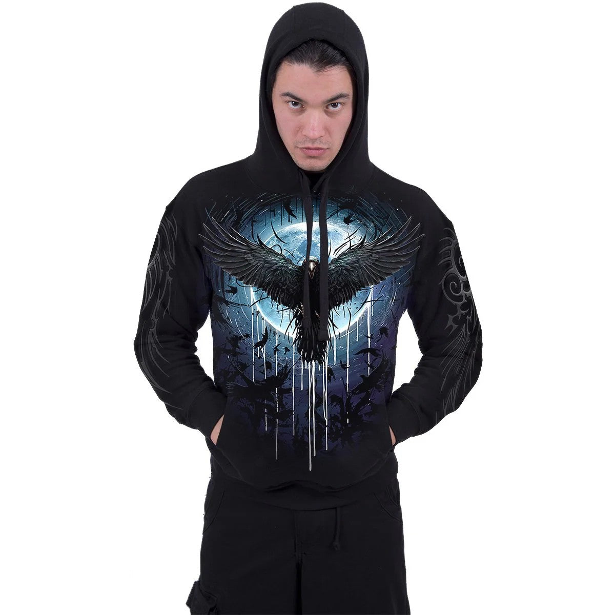 Black - Side - Spiral Direct Unisex Adult Crow Moon Hoodie