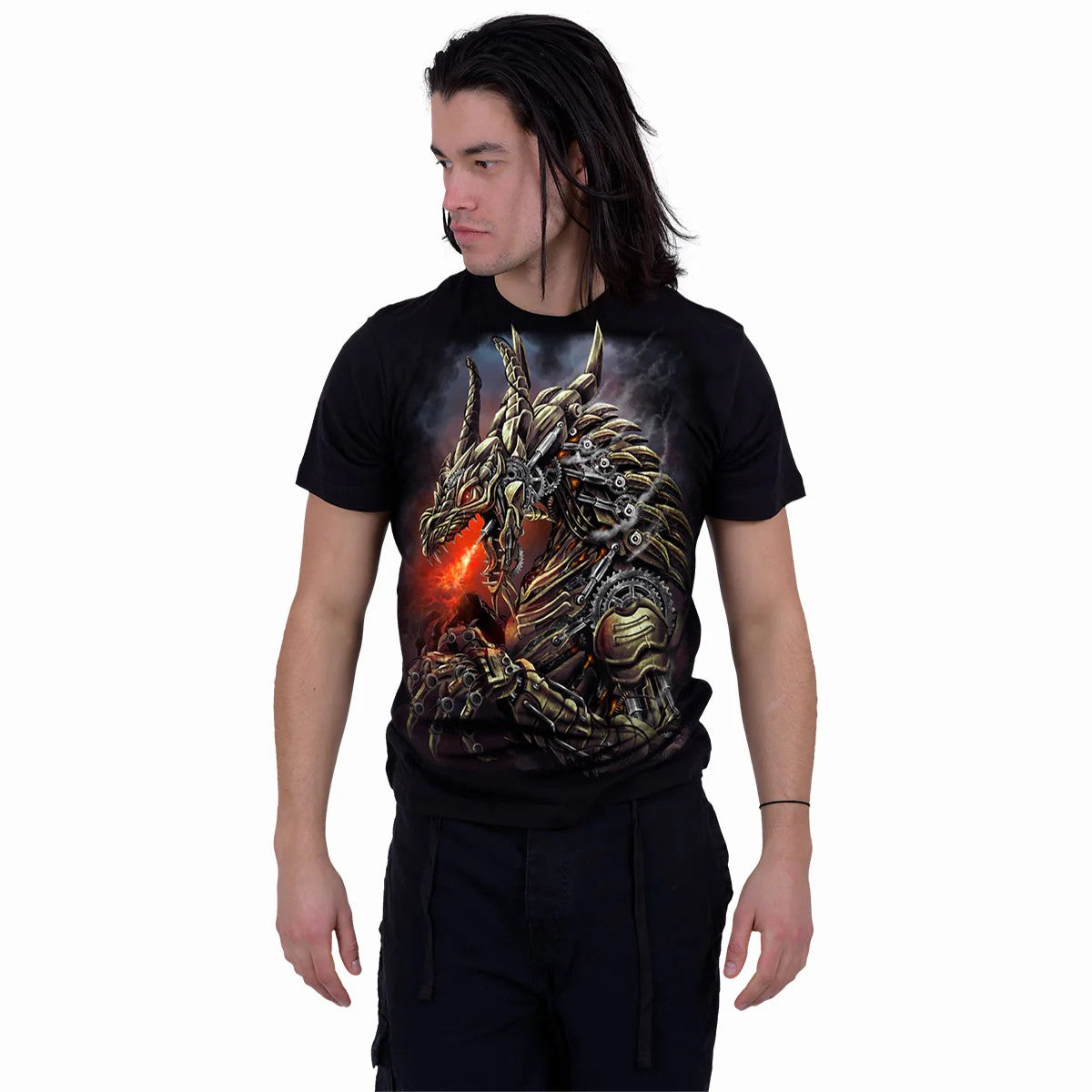 Black - Side - Spiral Direct Unisex Adult Dragon Cogs T-Shirt