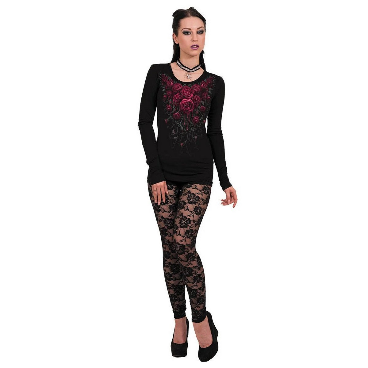 Black-Red - Back - Spiral Direct Womens-Ladies Blood Rose Long-Sleeved T-Shirt