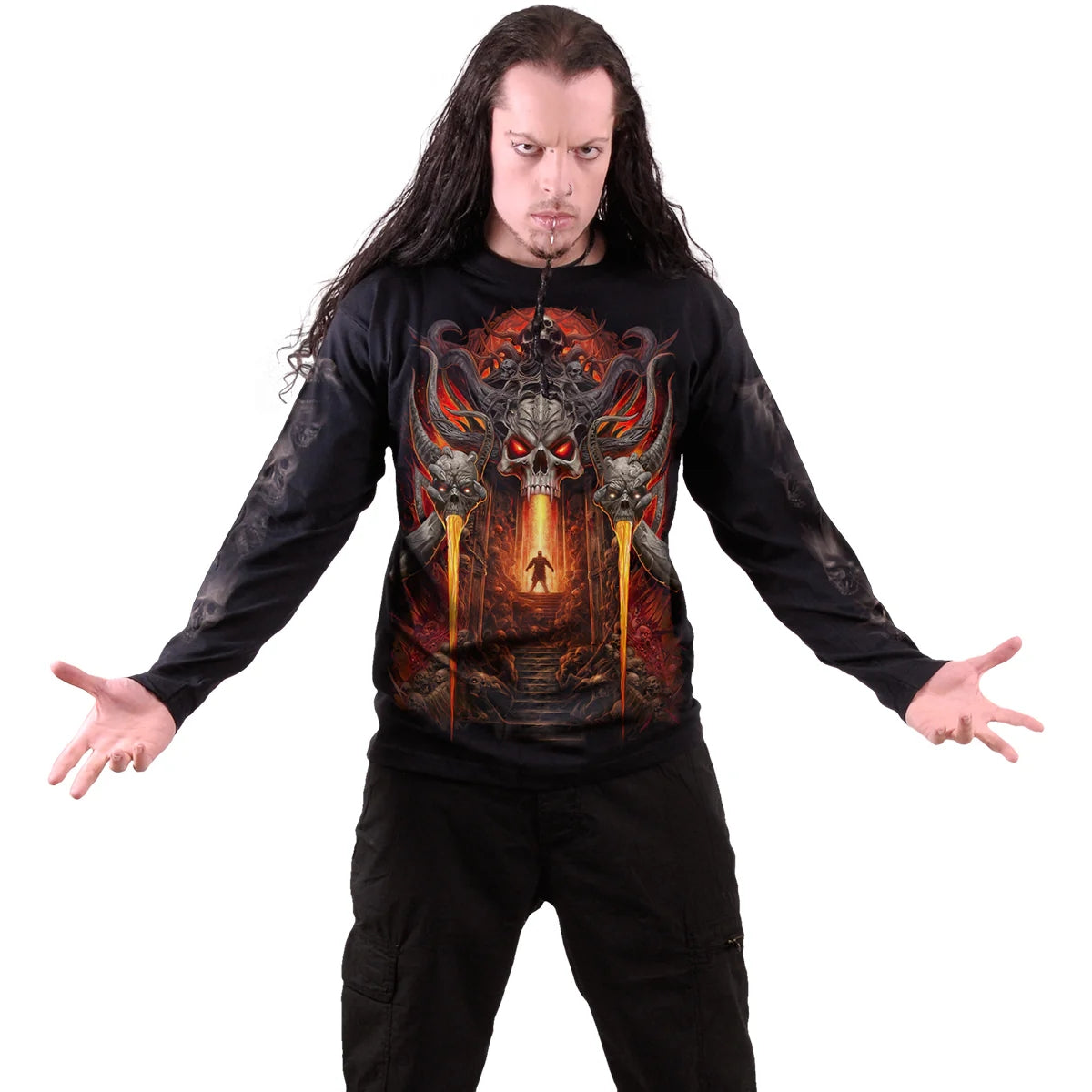 Black - Side - Spiral Direct Unisex Adult Gates Of Hell Long-Sleeved T-Shirt