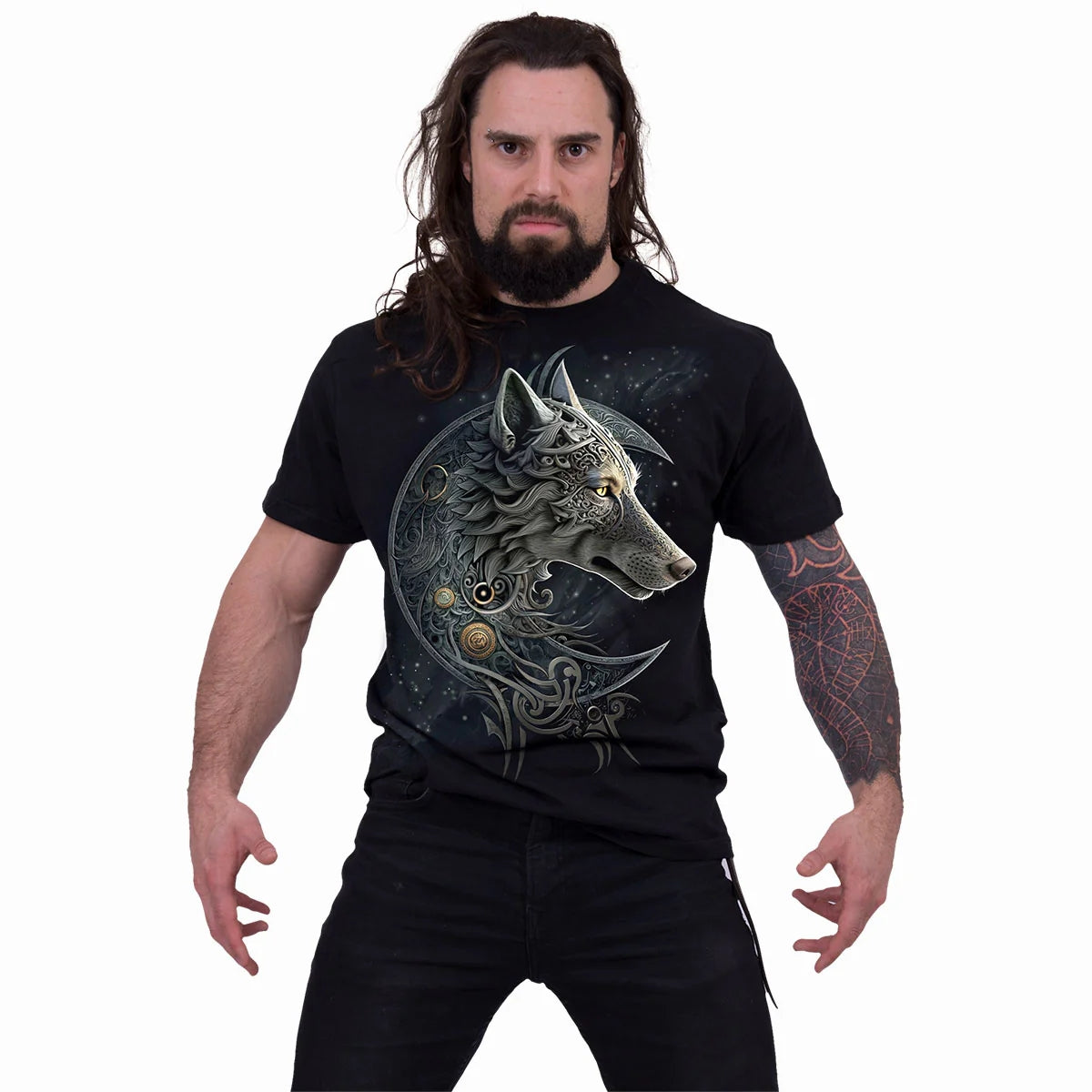 Black - Side - Spiral Direct Unisex Adult Celtic Wolf T-Shirt