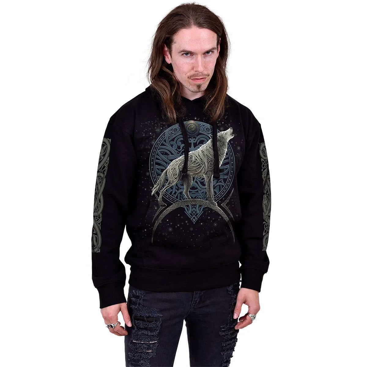 Black - Side - Spiral Direct Unisex Adult Celtic Wolf Hoodie