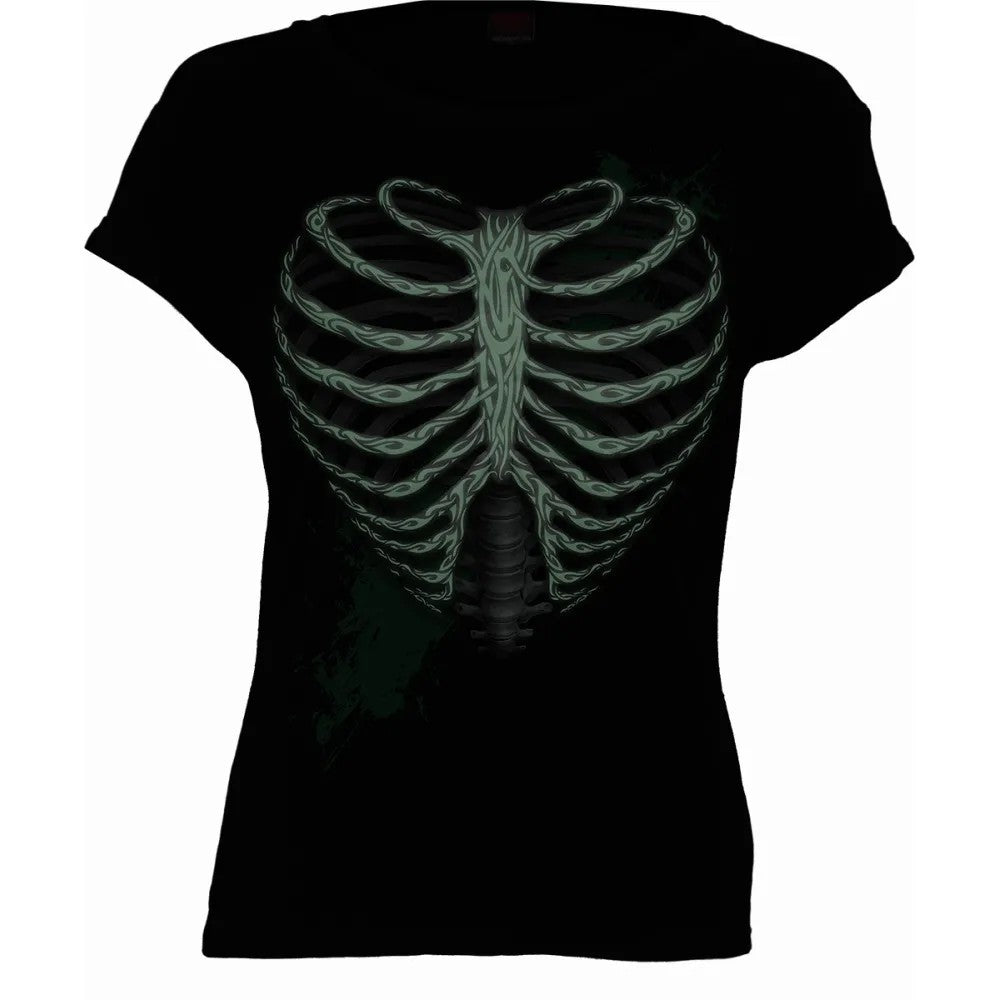 Black - Back - Spiral Direct Womens-Ladies Heart Ribs Glow In The Dark Capped Sleeved T-Shirt