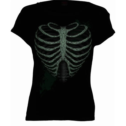 Black - Back - Spiral Direct Womens-Ladies Heart Ribs Glow In The Dark Capped Sleeved T-Shirt