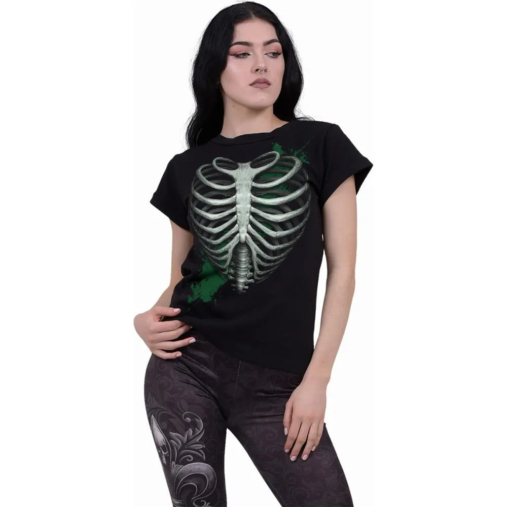 Black - Side - Spiral Direct Womens-Ladies Heart Ribs Glow In The Dark Capped Sleeved T-Shirt