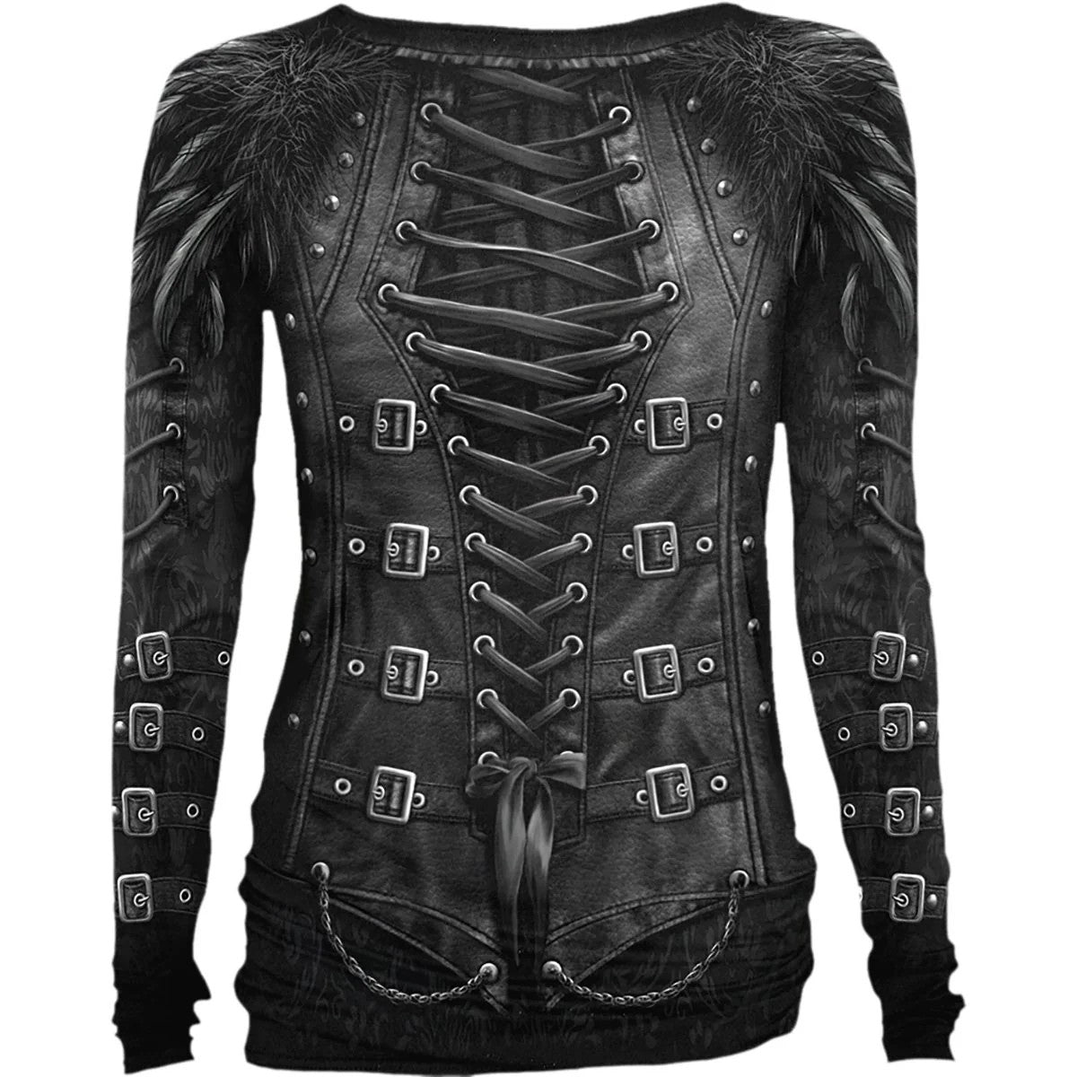 Black - Back - Spiral Direct Womens-Ladies Gothess Wrap Long-Sleeved T-Shirt