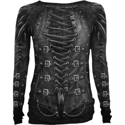 Black - Back - Spiral Direct Womens-Ladies Gothess Wrap Long-Sleeved T-Shirt