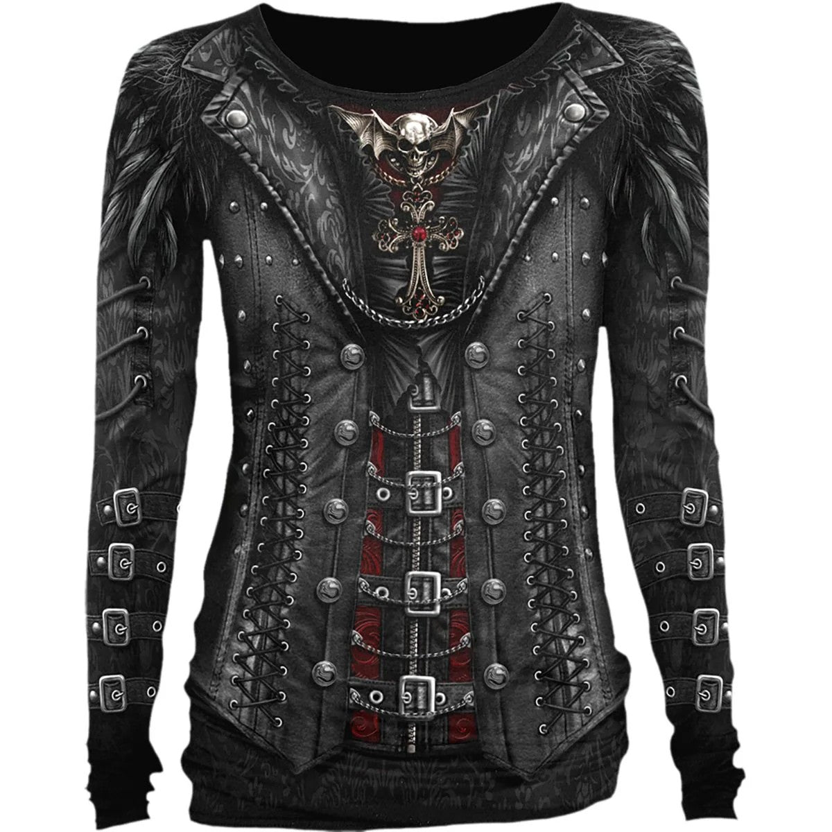 Black - Front - Spiral Direct Womens-Ladies Gothess Wrap Long-Sleeved T-Shirt
