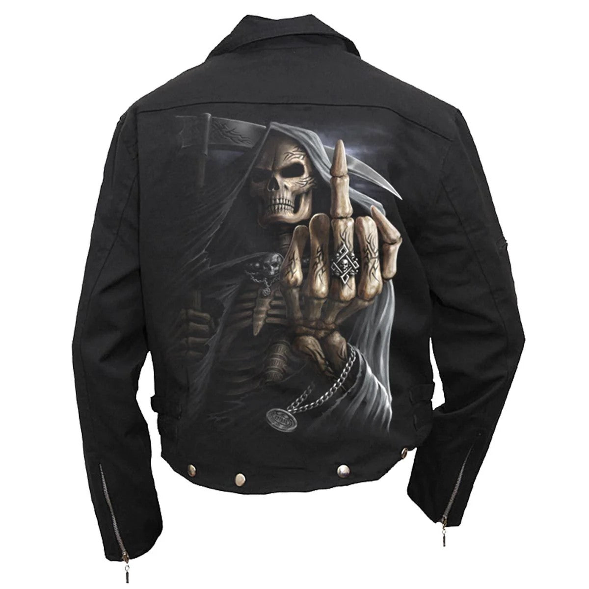 Black - Back - Spiral Direct Unisex Adult Bone Finger Lined Biker Jacket