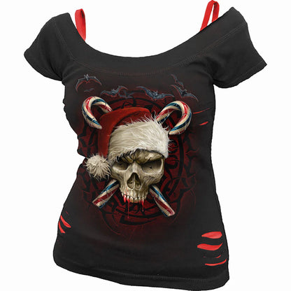 Black - Front - Spiral Direct Womens-Ladies Candy Cane Santa Ripped Short-Sleeved Top