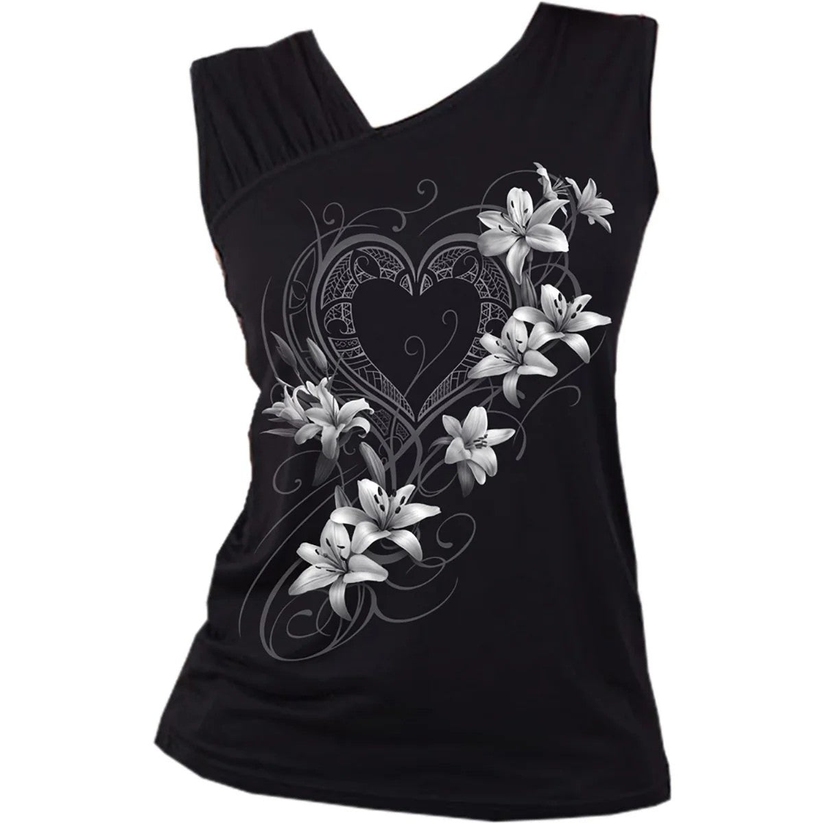 Black - Front - Spiral Direct Womens-Ladies Pure Of Heart Gathered Shoulder Sleeveless Tank Top