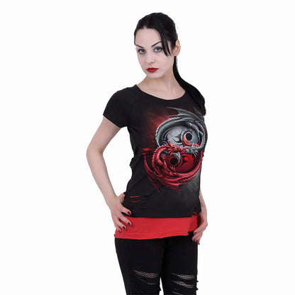 Black - Back - Spiral Direct Womens-Ladies Infinity Dragons Ripped Short-Sleeved Top