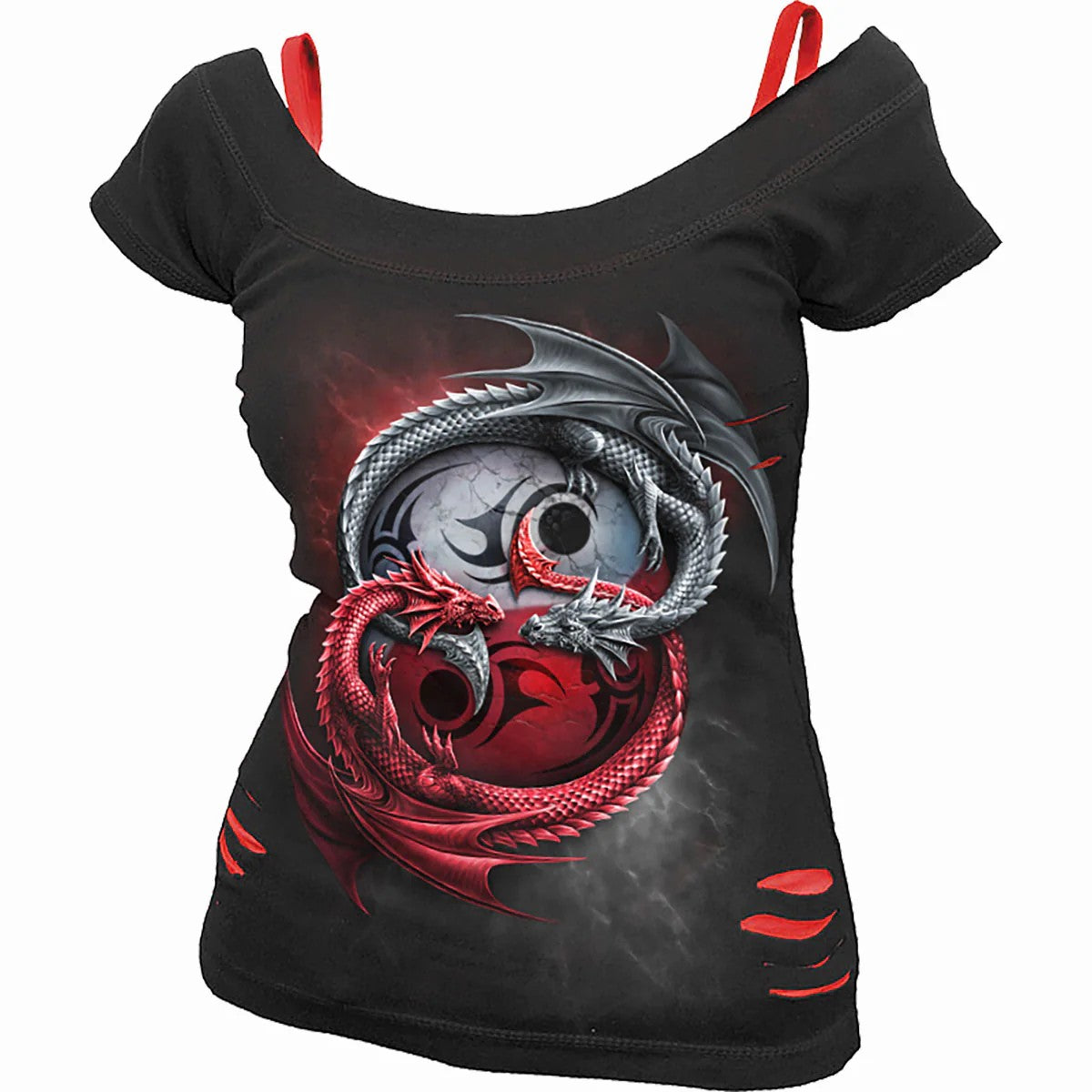 Black - Front - Spiral Direct Womens-Ladies Infinity Dragons Ripped Short-Sleeved Top
