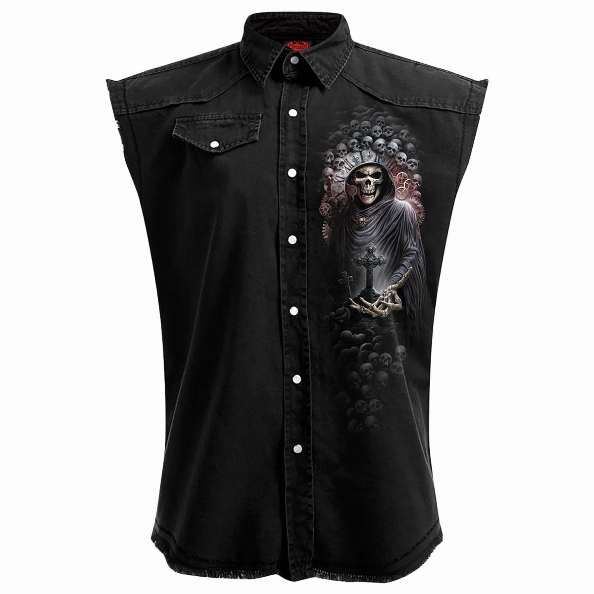 Black - Front - Spiral Direct Unisex Adult Reaper Time Stone Wash Sleeveless Shirt
