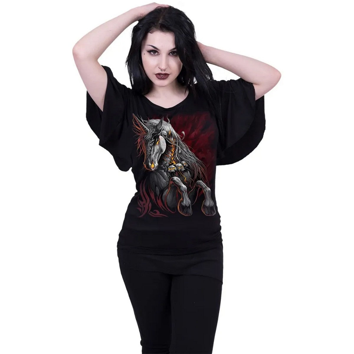 Black - Back - Spiral Direct Womens-Ladies Infernal Unicorn Batwing Sleeve Top