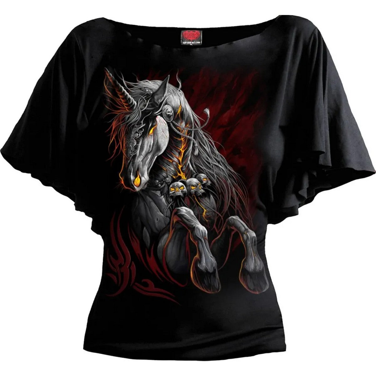 Black - Front - Spiral Direct Womens-Ladies Infernal Unicorn Batwing Sleeve Top