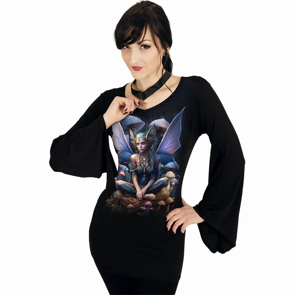 Black - Back - Spiral Direct Womens-Ladies Magical V Neck Goth Sleeve Top