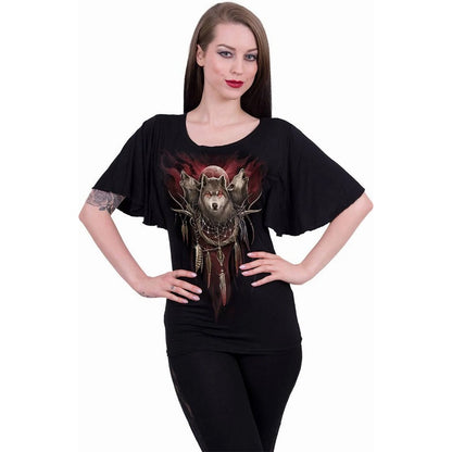 Black - Side - Spiral Direct Womens-Ladies Cry Of The Wolf Batwing Sleeve Top
