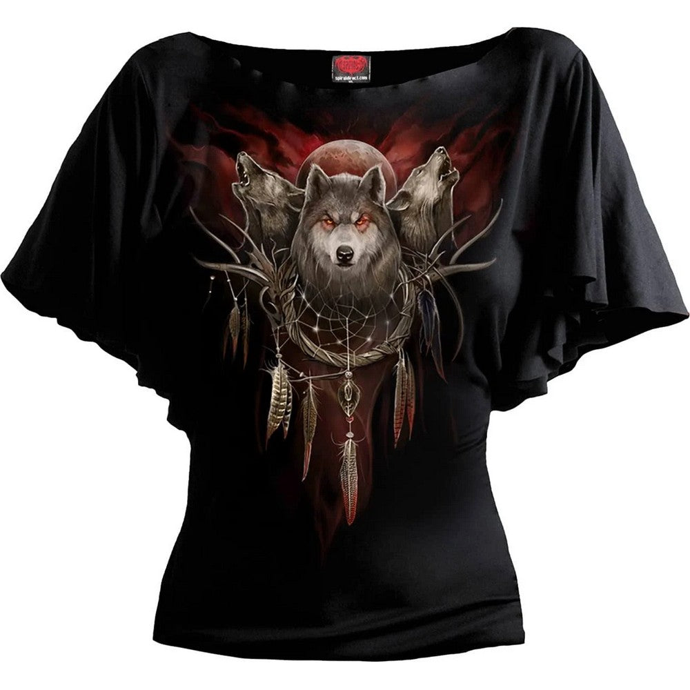 Black - Front - Spiral Direct Womens-Ladies Cry Of The Wolf Batwing Sleeve Top